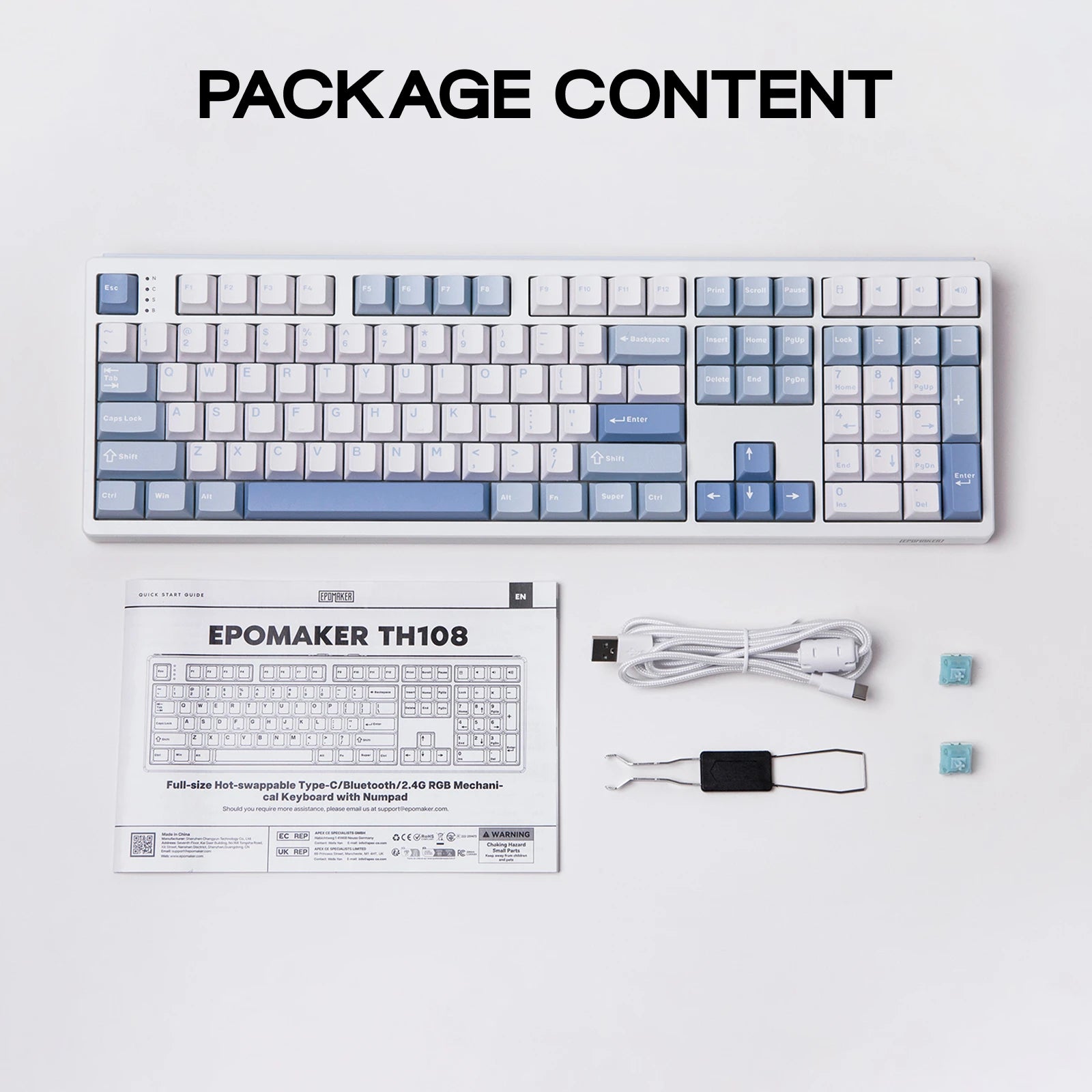 EPOMAKER TH108 100% Full Size Hot-Swap Gasket-Mounted Wired/Bluetooth/2.4Ghz Wireless Mechanical Keyboard with 10000mAh Battery
