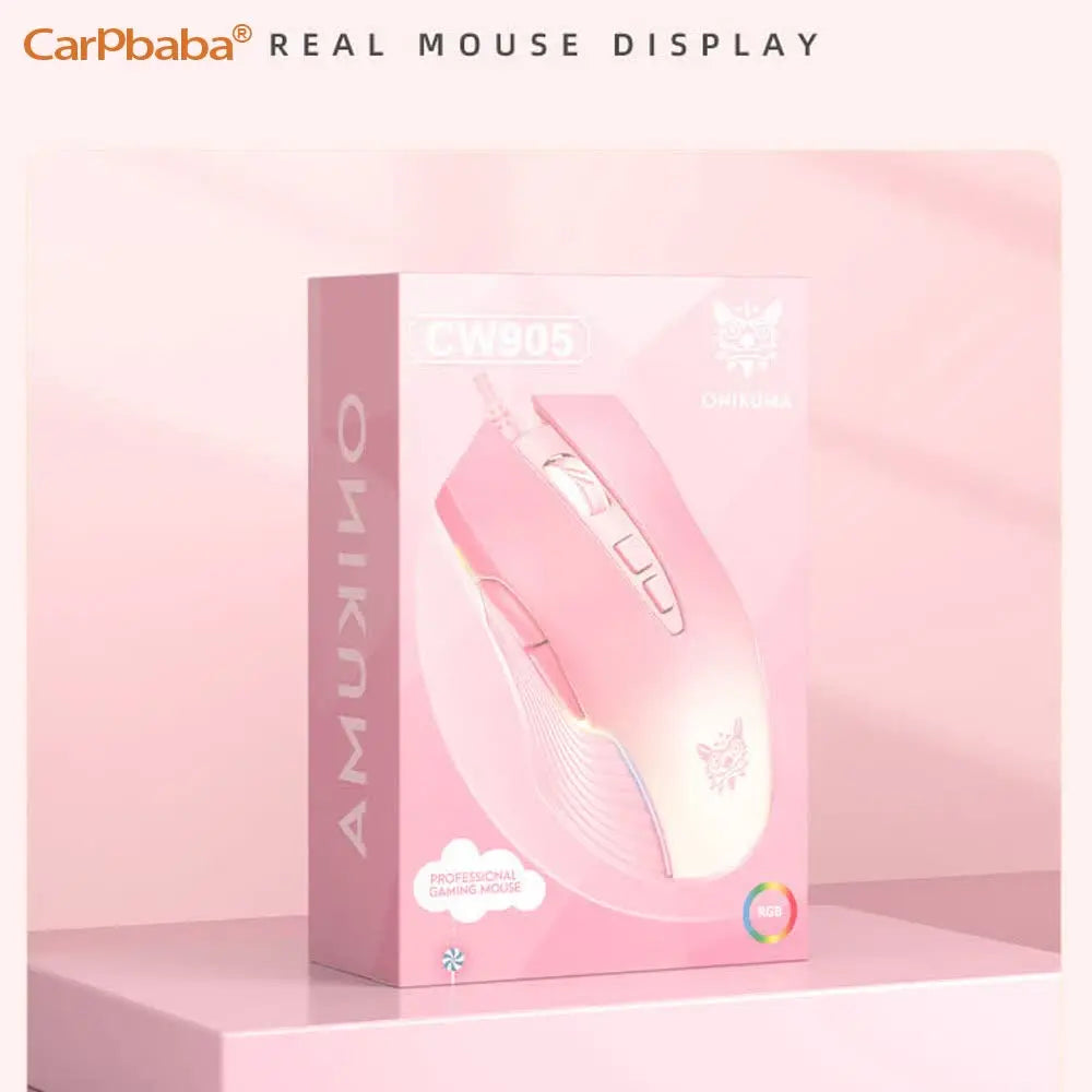 Onikuma C2W905 RGB Gaming Mouse Pink Cute Mouse 6400 DPI Wired Optical Mouse with Cool Lighting Mice for Home Office Notebook PC