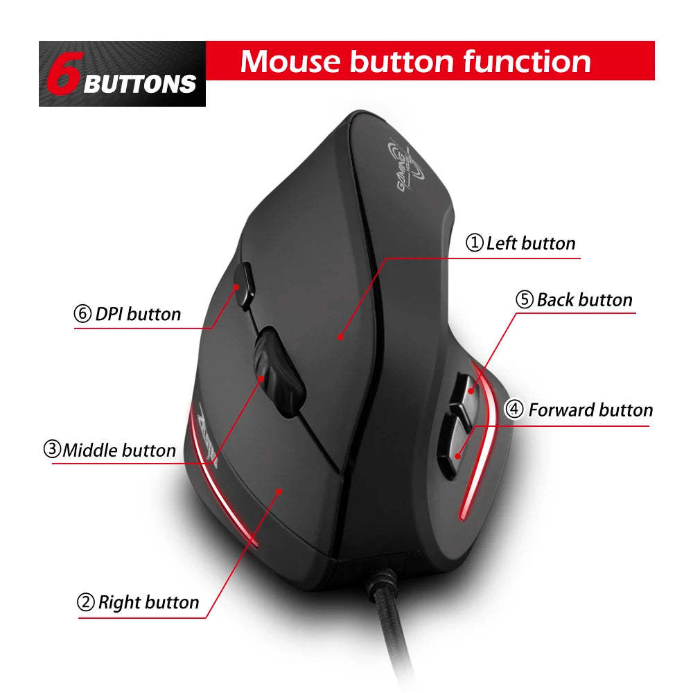 ZELOTES T-20 Vertical Mouse Wired Ergonomic Office Mouse 3200DPI Optional Portable Gaming Mouse for Laptop PC Computer