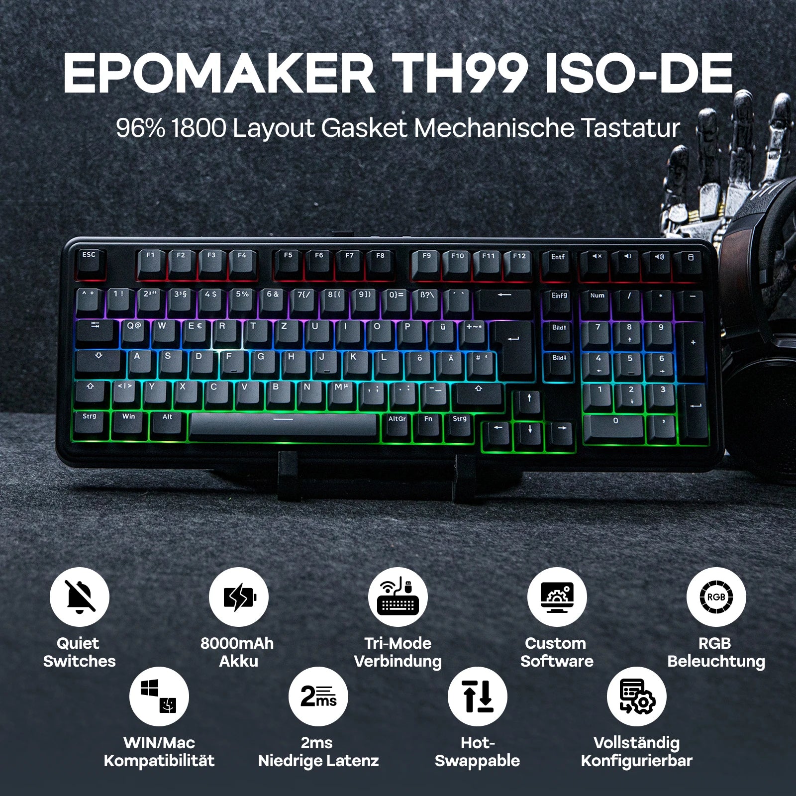 ISO-DE Layout EPOMAKER TH99 QWERTZ Layout 96% Creamy Gasket Wired/Bluetooth/2.4G Wireless Mechanical Keyboard with Knob/Numpad