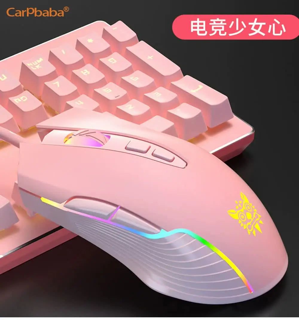 Onikuma C2W905 RGB Gaming Mouse Pink Cute Mouse 6400 DPI Wired Optical Mouse with Cool Lighting Mice for Home Office Notebook PC