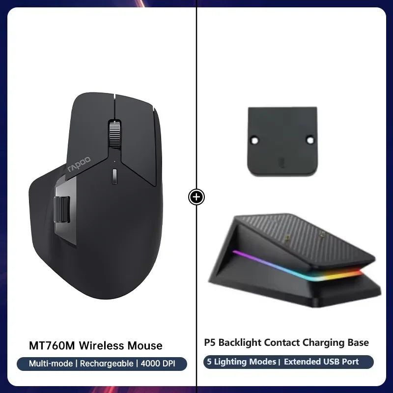 Rapoo MT760/MT760Mini Multi-mode Rechargeable Wireless Mouse Ergonomic 4000 DPI Bluetooth Mouse Easy-Switch Up to 4 Devices