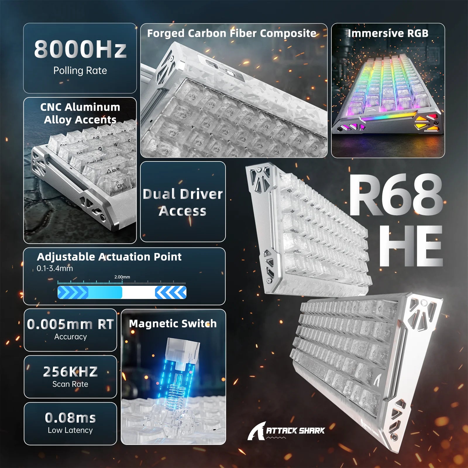 ATTACK SHARK R68HE Wired Keyboard,0.005mm RT Accuracy,8KHz Magnetic Switch,Support RT/Snap Tap/DKS/MT/TGL