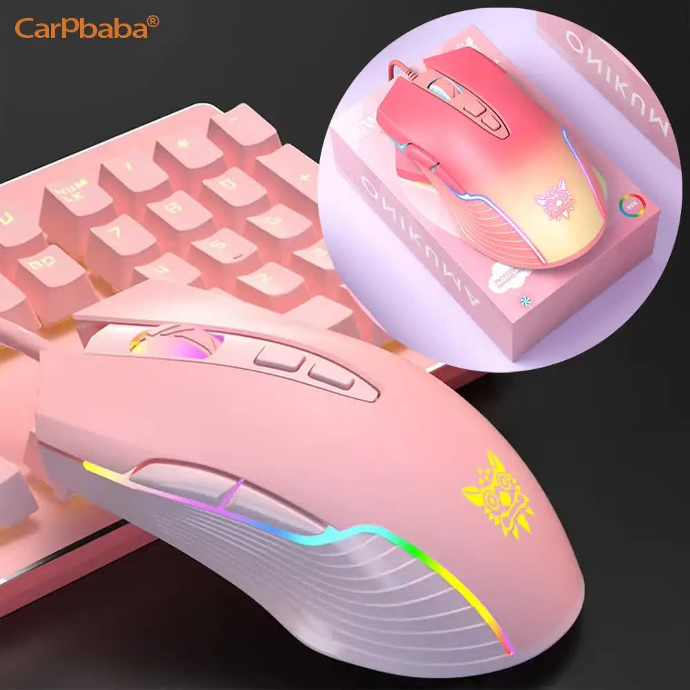 Onikuma C2W905 RGB Gaming Mouse Pink Cute Mouse 6400 DPI Wired Optical Mouse with Cool Lighting Mice for Home Office Notebook PC