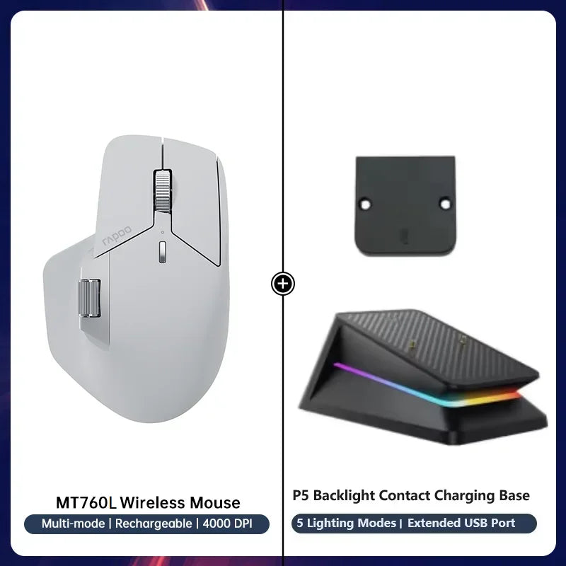 Rapoo MT760/MT760Mini Multi-mode Rechargeable Wireless Mouse Ergonomic 4000 DPI Bluetooth Mouse Easy-Switch Up to 4 Devices