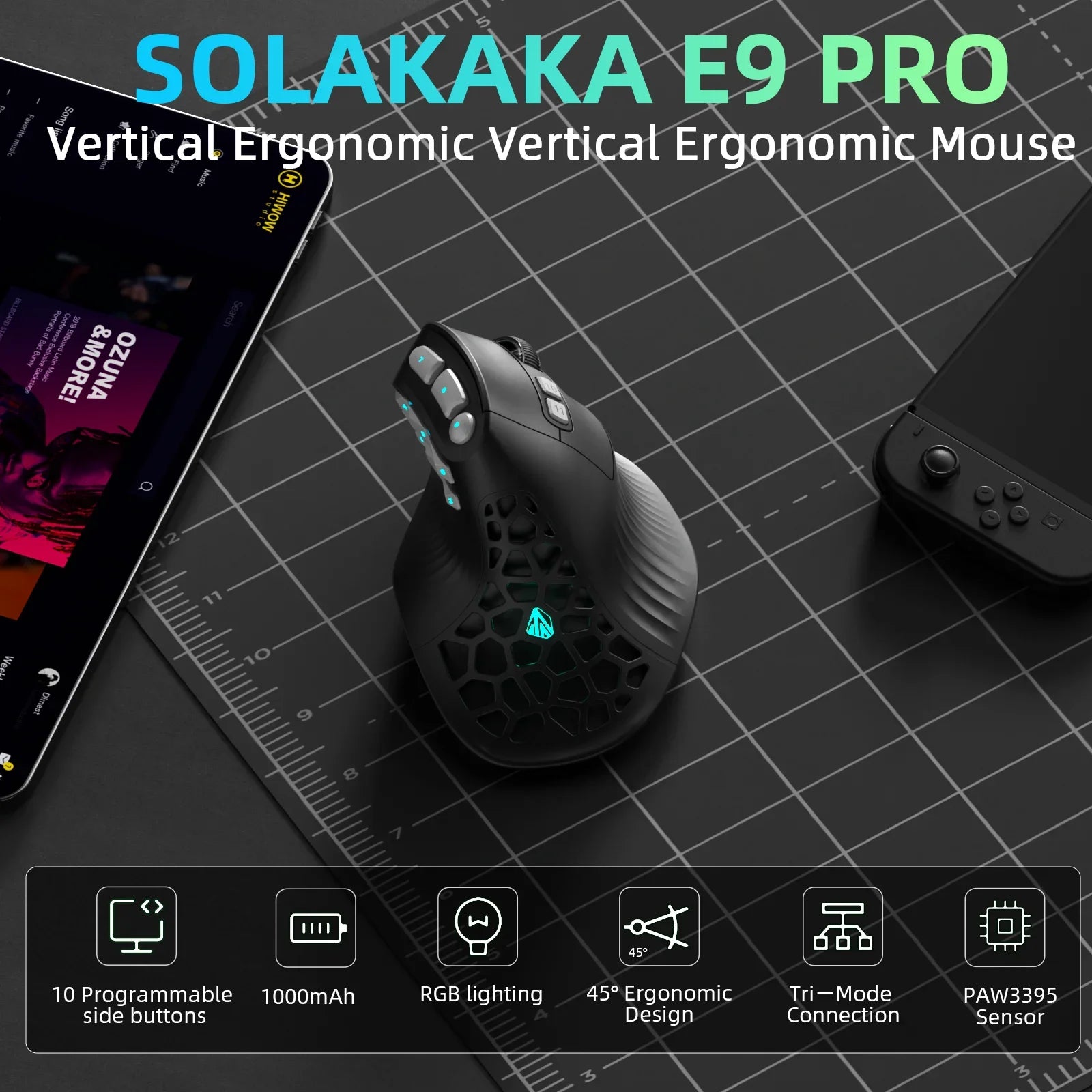 SOLAKAKA E9 Pro MMO Vertical Mouse PAW3395 Sensor 1000mAh Battery 45° Vertical Grip Ergonomic Mouse 8k Gaming Mouse