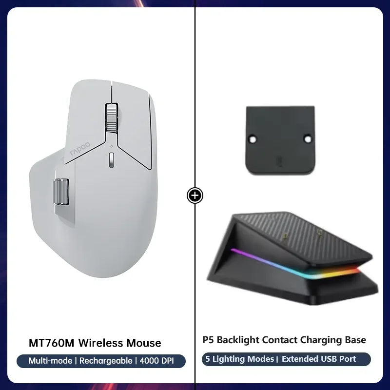 Rapoo MT760/MT760Mini Multi-mode Rechargeable Wireless Mouse Ergonomic 4000 DPI Bluetooth Mouse Easy-Switch Up to 4 Devices