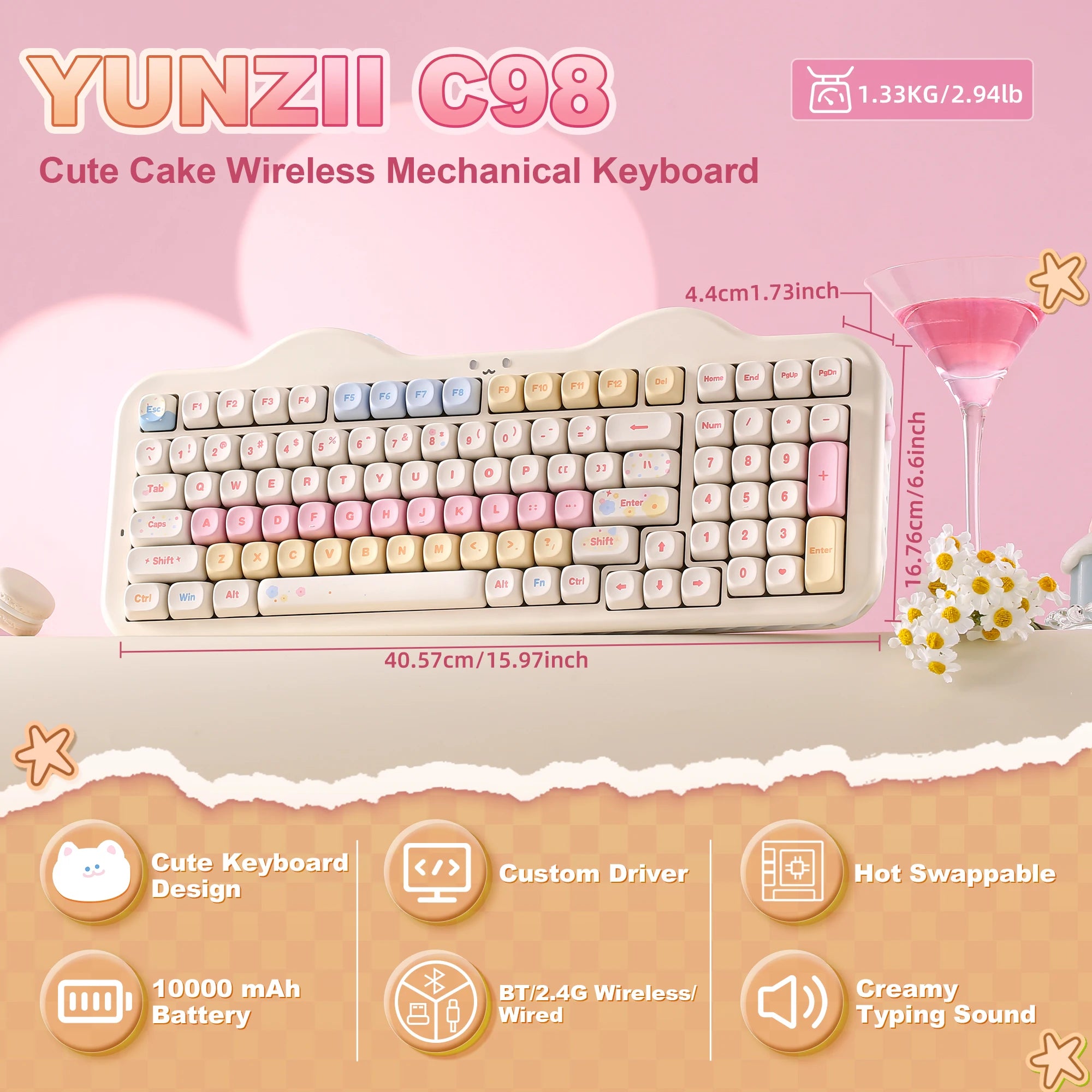 YUNZII C98 Wireless Mechanical Keyboard, 99-Key Hot Swap Gasket Keyboard with Numpad, Custom RGB Backlight,Cute Keeb for Win/Mac