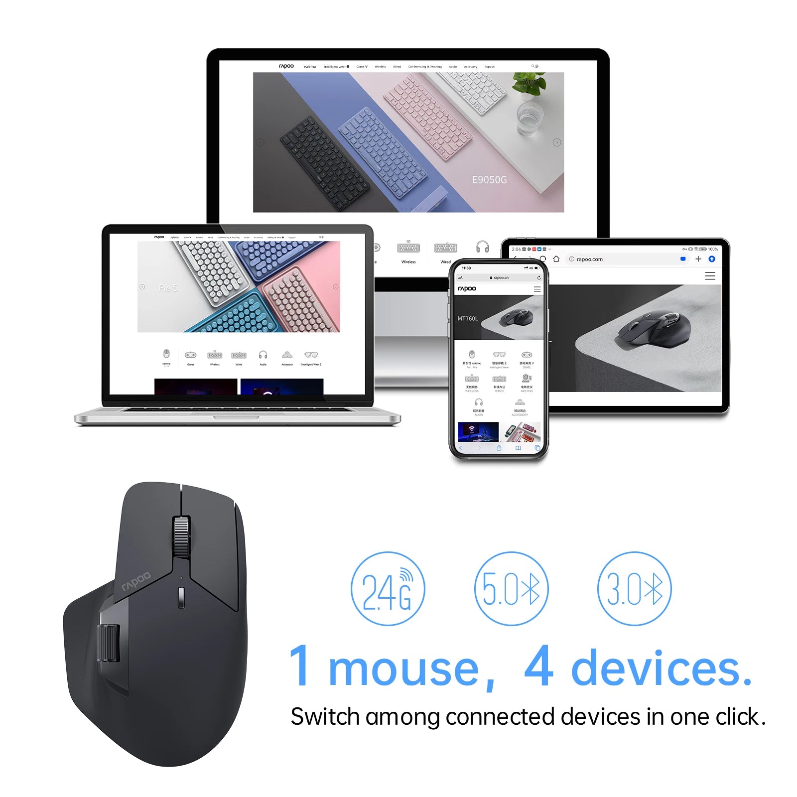 Rapoo MT760/MT760Mini Multi-mode Rechargeable Wireless Mouse Ergonomic 4000 DPI Bluetooth Mouse Easy-Switch Up to 4 Devices