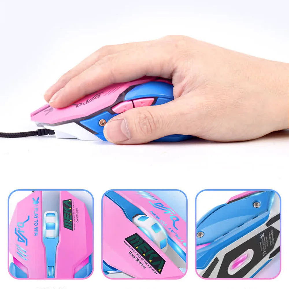 OW DVA Pink Game Office Mouse Girls Light-emitting Competition Chicken Cute Wired Mouse for PC Laptop CF Overwatch
