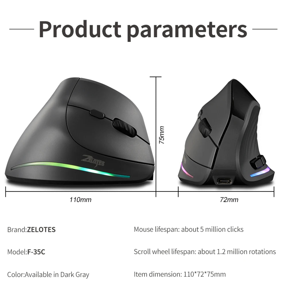 Lefon 2.4G Ergonomic Mouse Vertical Wireless Mouse Rechargeable Gaming Mice for PC Laptop MacOS Office F35C/F35B/F35 버티컬 마