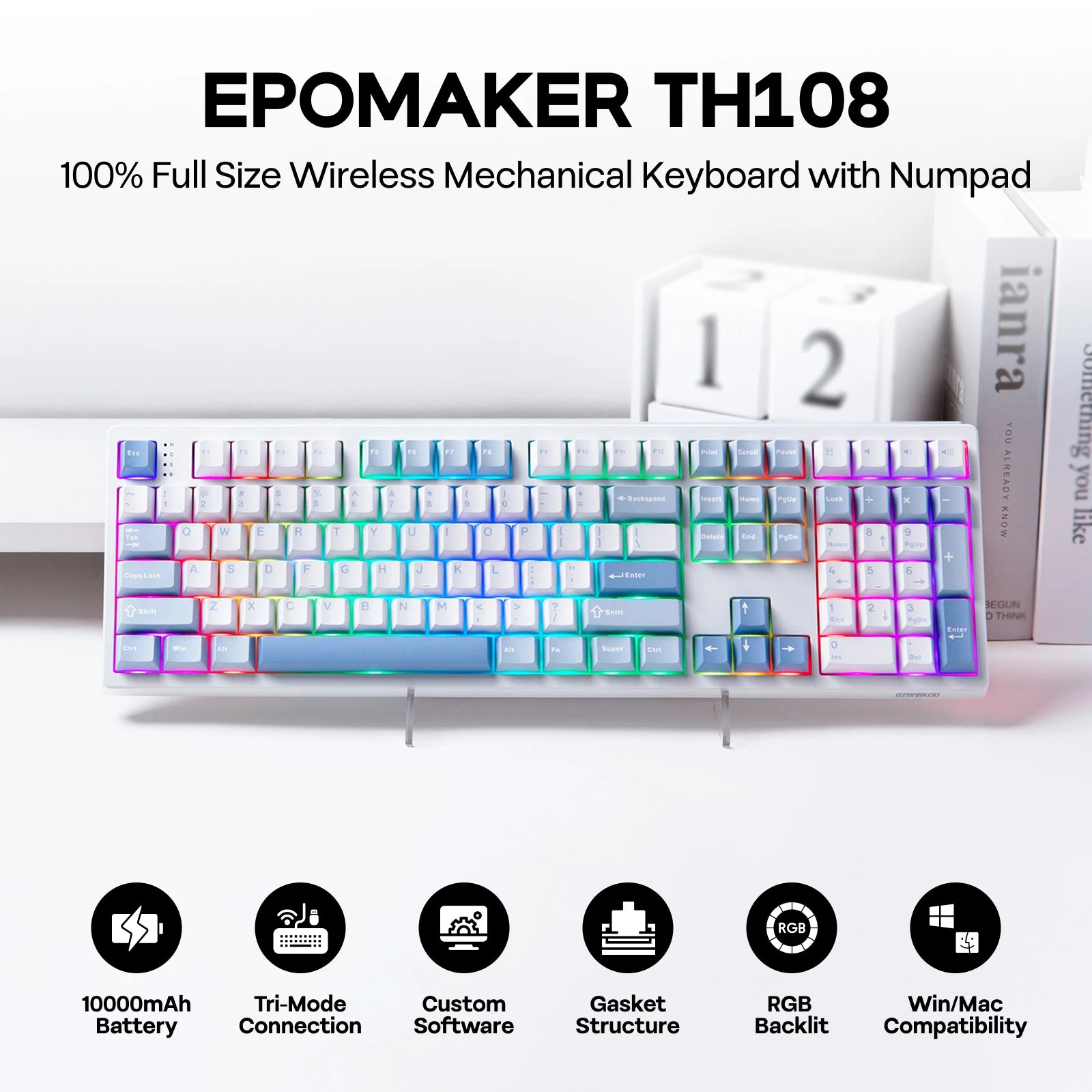 EPOMAKER TH108 100% Full Size Hot-Swap Gasket-Mounted Wired/Bluetooth/2.4Ghz Wireless Mechanical Keyboard with 10000mAh Battery