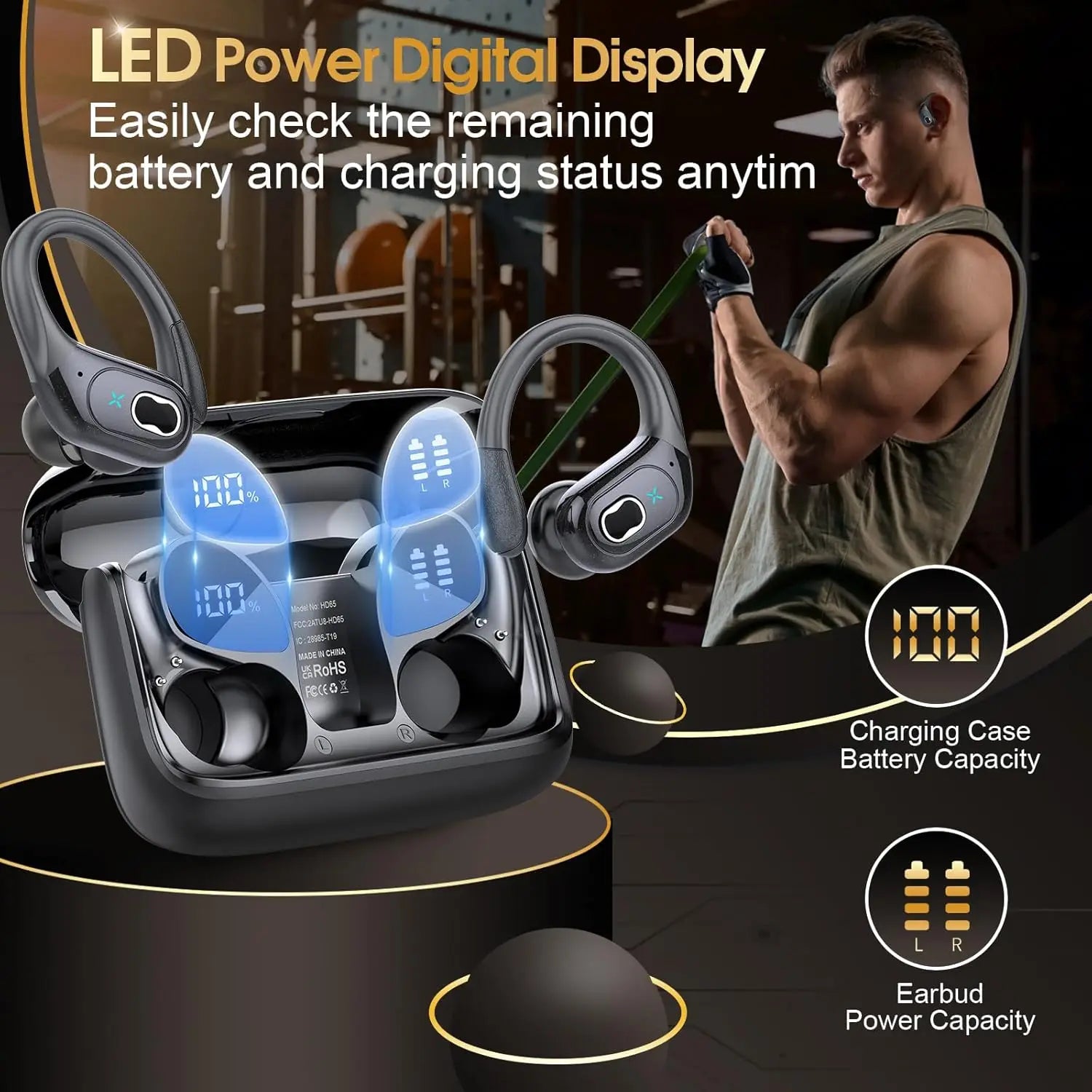 Wireless Earbuds 5.4 Bluetooth Headphones Sports Ear Buds with Earhooks 75H Playtime Wireless Headphones for Workout Waterproof
