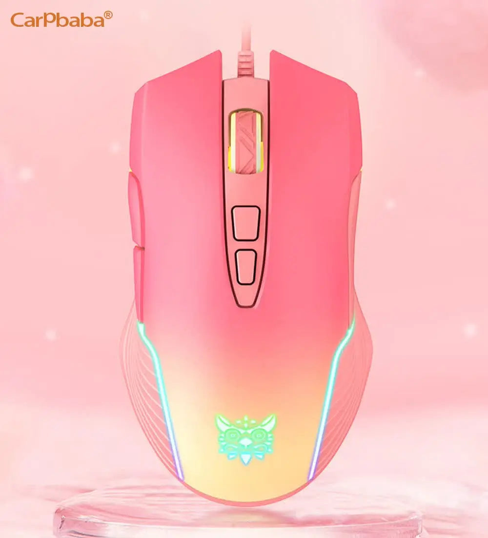 Onikuma C2W905 RGB Gaming Mouse Pink Cute Mouse 6400 DPI Wired Optical Mouse with Cool Lighting Mice for Home Office Notebook PC