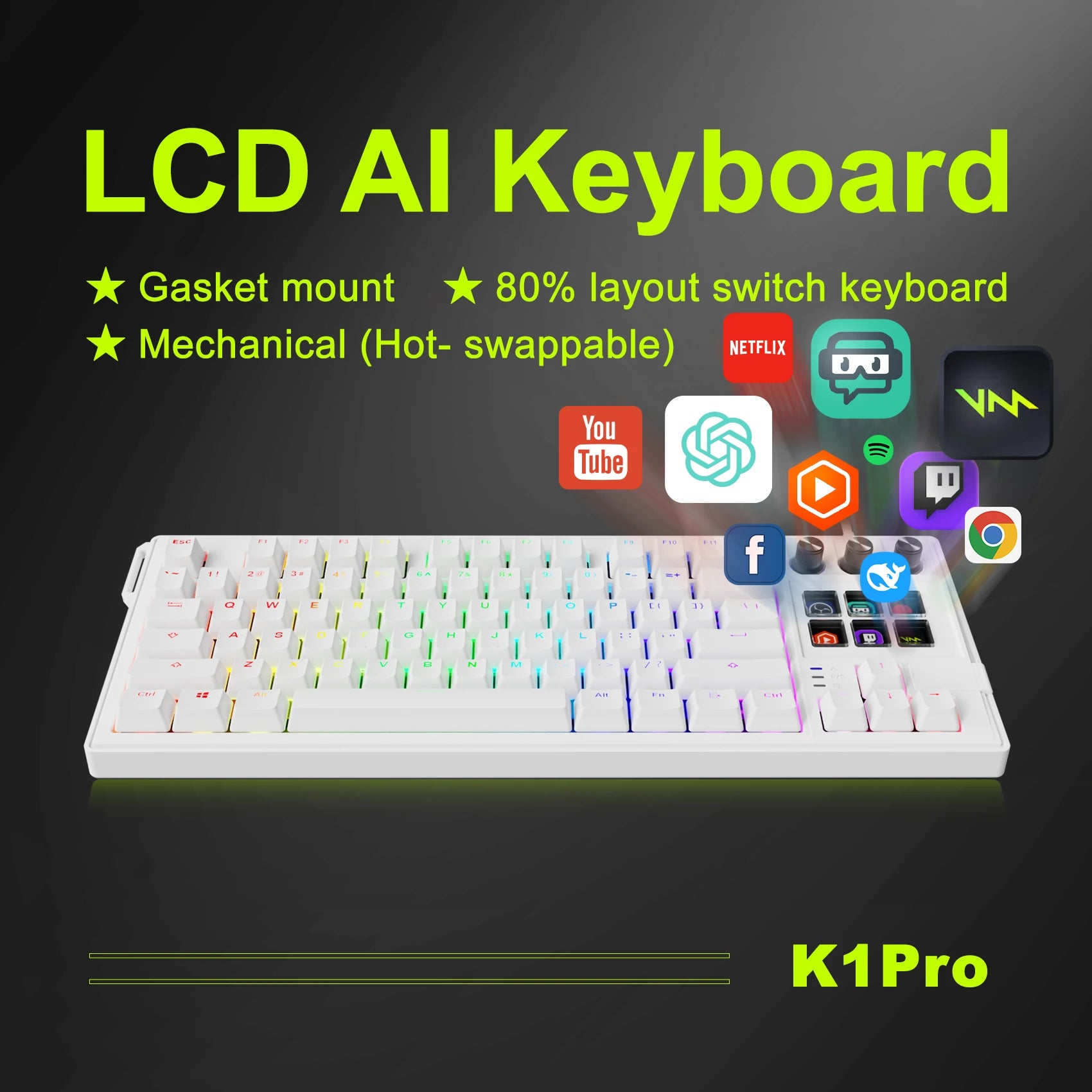 MiraBox K1Pro Mechanical Keyboard with 6-Key LCD Stream Deck 80% Layout Hot-Swappable Haimu Red Switches RGB Backlit 1000Hz