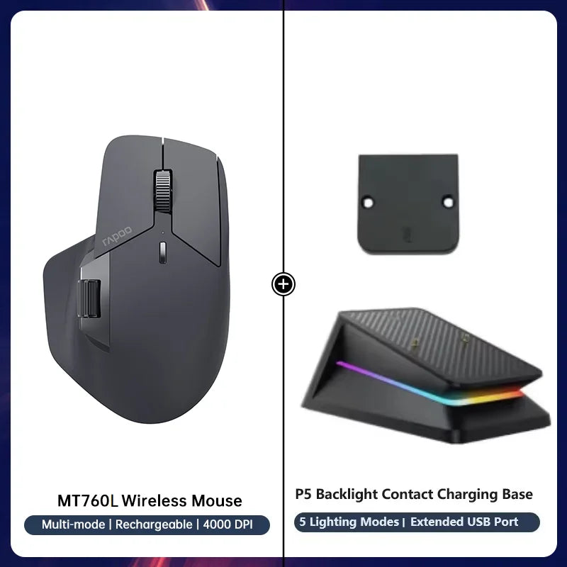 Rapoo MT760/MT760Mini Multi-mode Rechargeable Wireless Mouse Ergonomic 4000 DPI Bluetooth Mouse Easy-Switch Up to 4 Devices