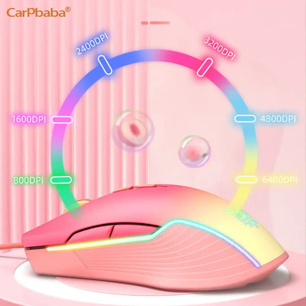 Onikuma C2W905 RGB Gaming Mouse Pink Cute Mouse 6400 DPI Wired Optical Mouse with Cool Lighting Mice for Home Office Notebook PC