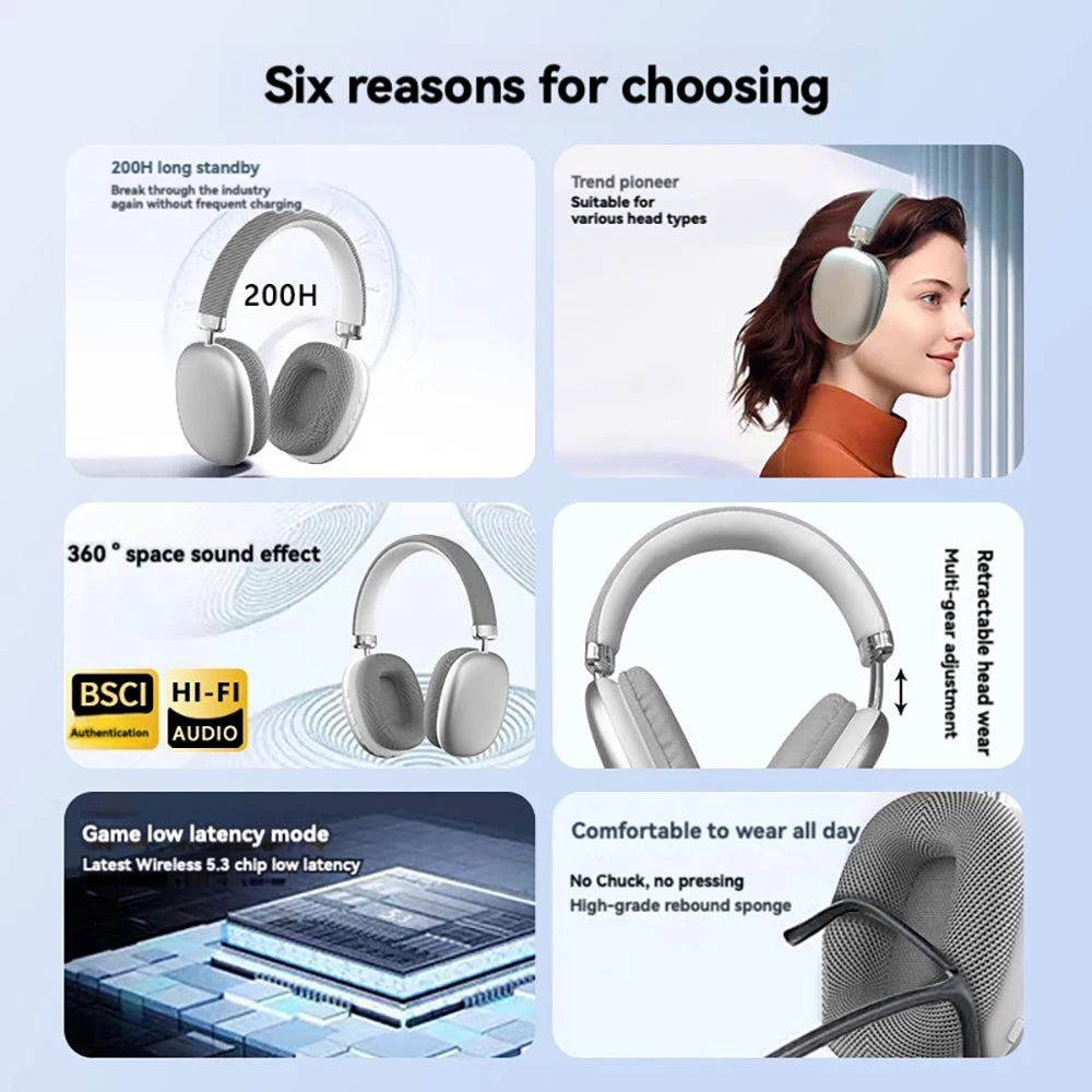 Simple Stylish Foldable Bluetooth Headphones Over Ear HiFi Stereo Wireless Headset Support AUX TF FM For Music Sports