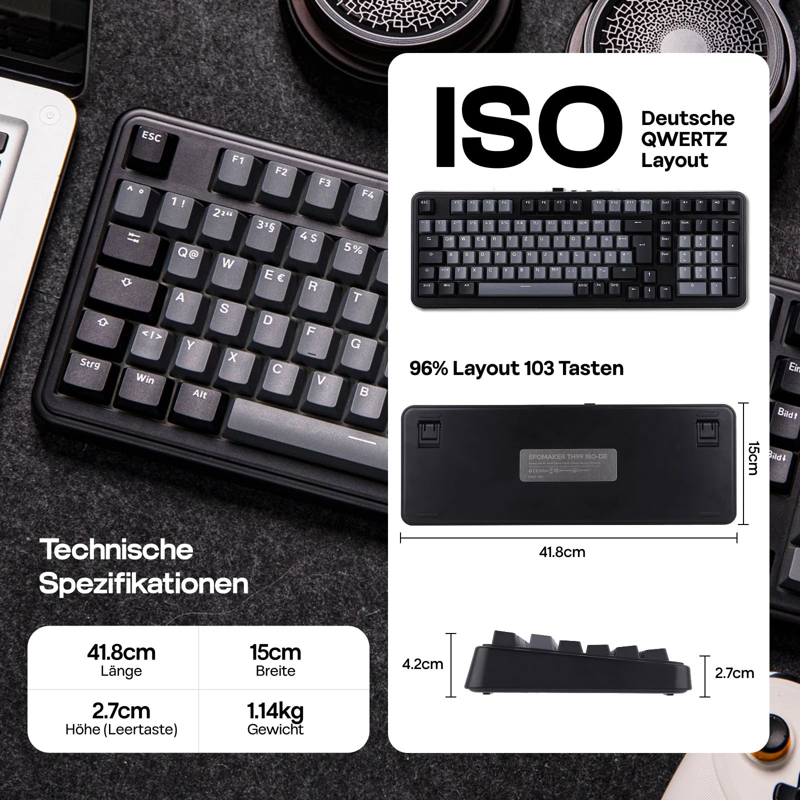 ISO-DE Layout EPOMAKER TH99 QWERTZ Layout 96% Creamy Gasket Wired/Bluetooth/2.4G Wireless Mechanical Keyboard with Knob/Numpad