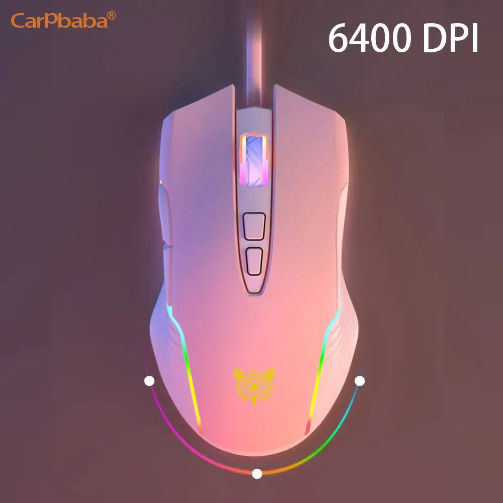 Onikuma C2W905 RGB Gaming Mouse Pink Cute Mouse 6400 DPI Wired Optical Mouse with Cool Lighting Mice for Home Office Notebook PC