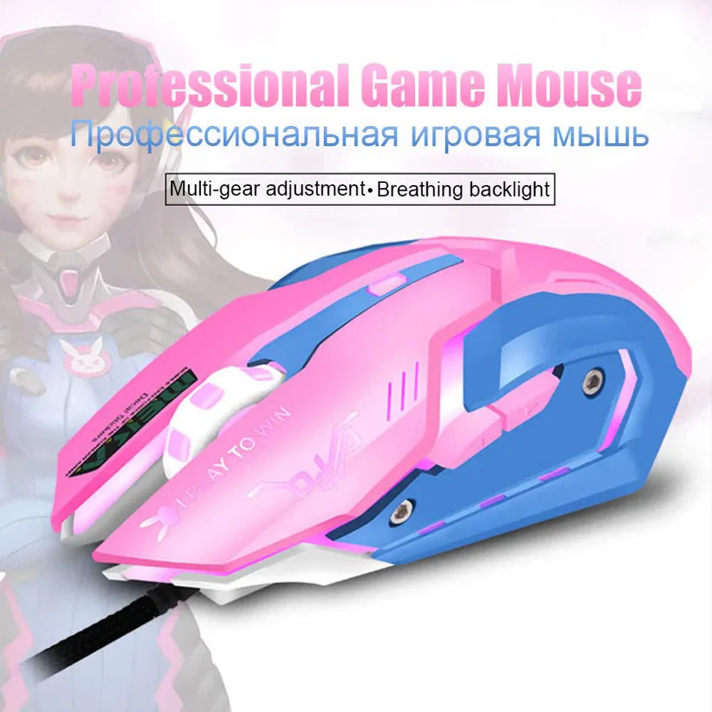 OW DVA Pink Game Office Mouse Girls Light-emitting Competition Chicken Cute Wired Mouse for PC Laptop CF Overwatch